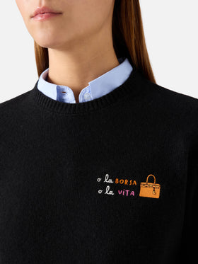 Pull noir New Queen à col rond en mélange de laine et de cachemire avec broderie O La Borsa O La Vita 
