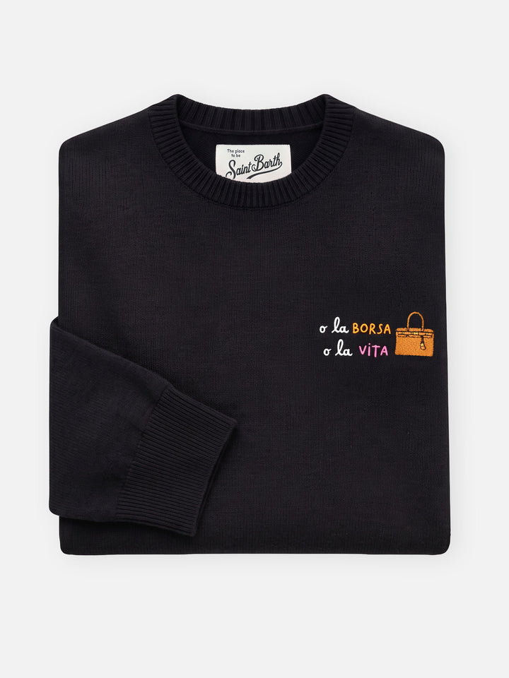 Pull noir New Queen à col rond en mélange de laine et de cachemire avec broderie O La Borsa O La Vita 