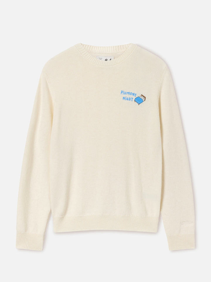Pull col rond en mélange de laine et cachemire Off white New Queen avec broderie Piumone Night 