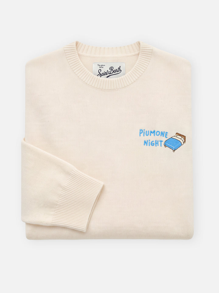Pull col rond en mélange de laine et cachemire Off white New Queen avec broderie Piumone Night 