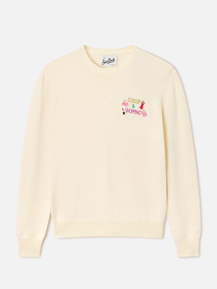 Pull New Queen col rond en mélange de laine et cachemire off white avec broderie Gossip & Shopping 