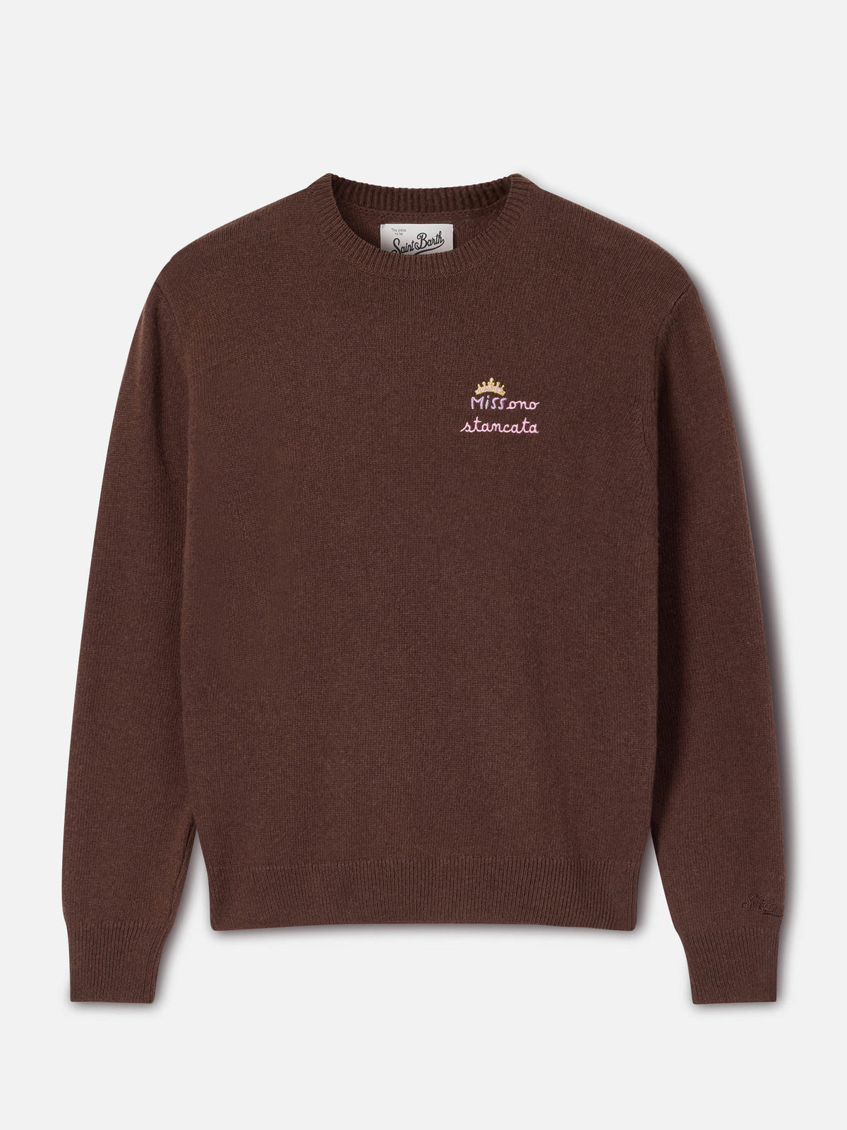 Brown New Queen wool and cashmere blend crewneck with Miss Sono Stancata embroidery