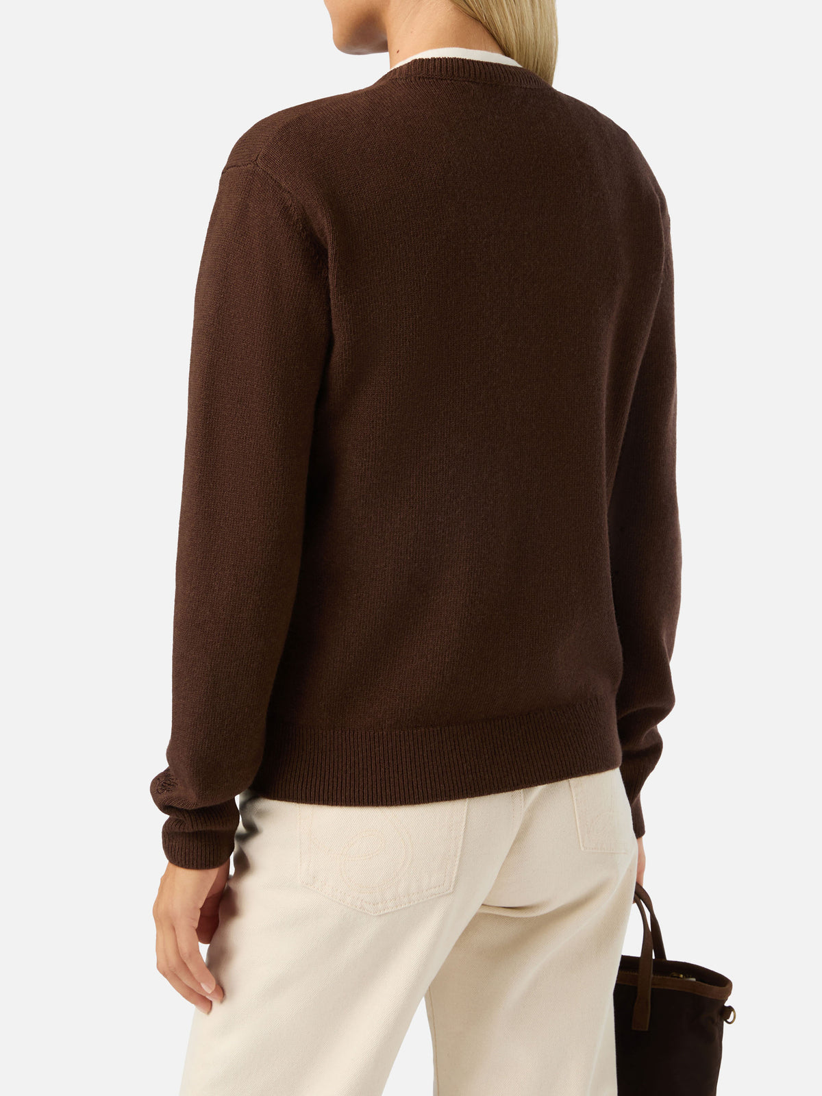 Jersey de cuello redondo Brown New Queen en mezcla de lana y cachemira con bordado Miss Sono Stancata 