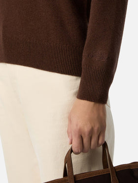 Jersey de cuello redondo Brown New Queen en mezcla de lana y cachemira con bordado Miss Sono Stancata 