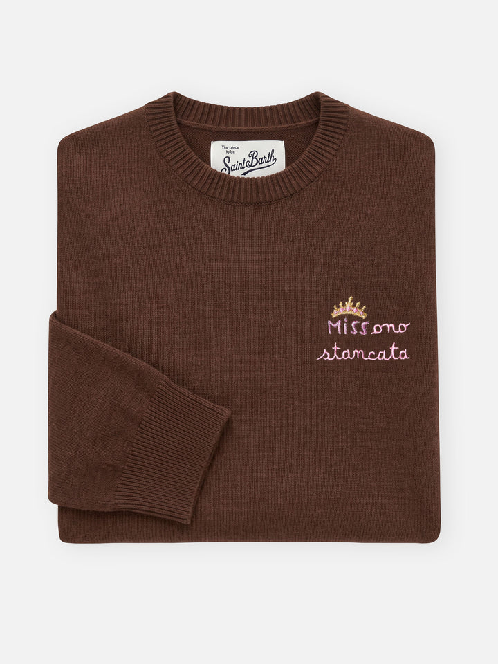 Pull ras-du-cou marron New Queen en mélange de laine et de cachemire avec broderie Miss Sono Stancata 