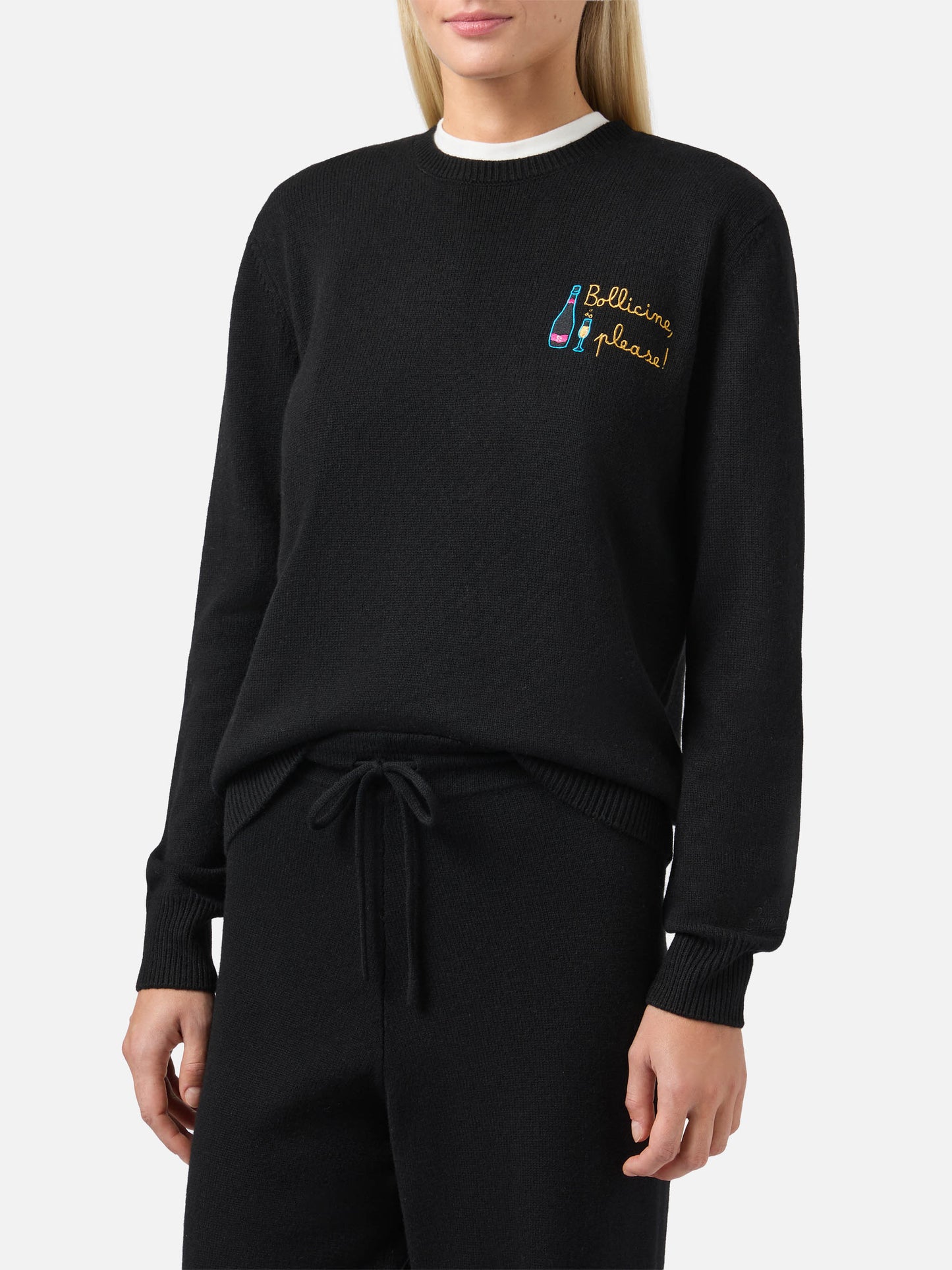 Neuer schwarzer Queen-Pullover aus Kaschmirmischung mit Bollicine-Stickerei.