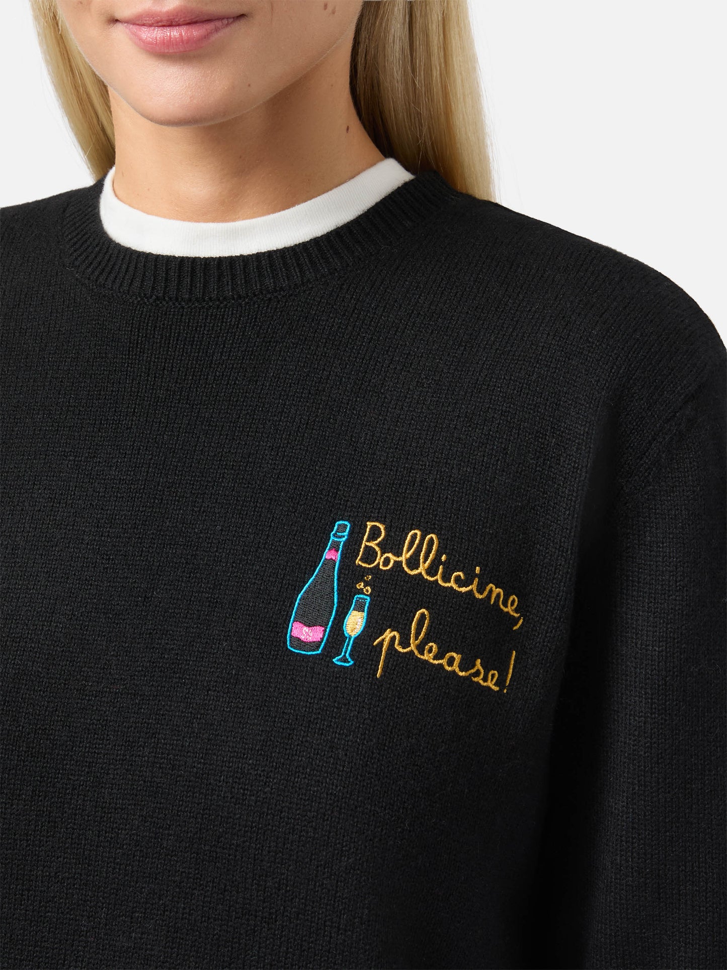 Neuer schwarzer Queen-Pullover aus Kaschmirmischung mit Bollicine-Stickerei.