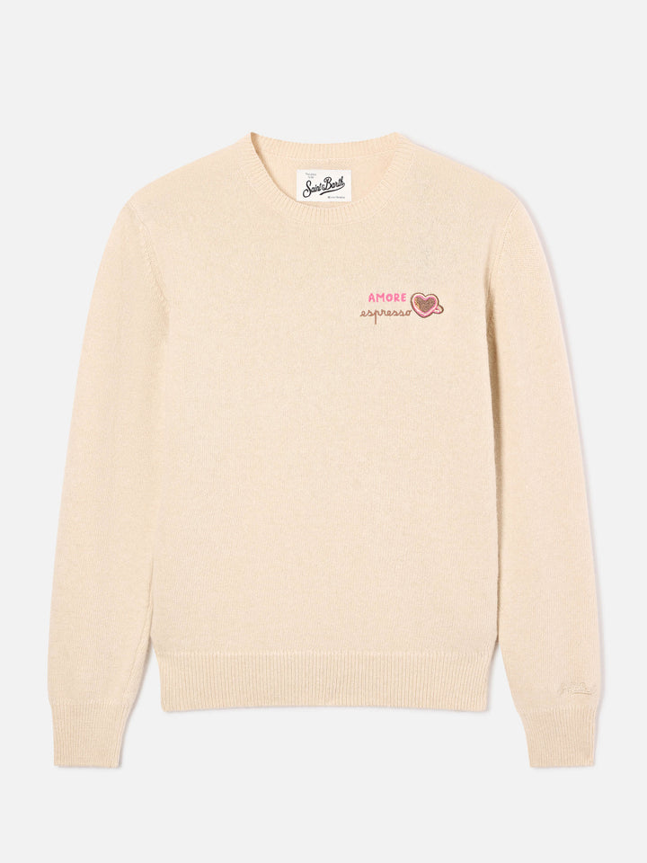 Grain New Queen wool and cashmere blend crewneck with Amore Espresso embroidery