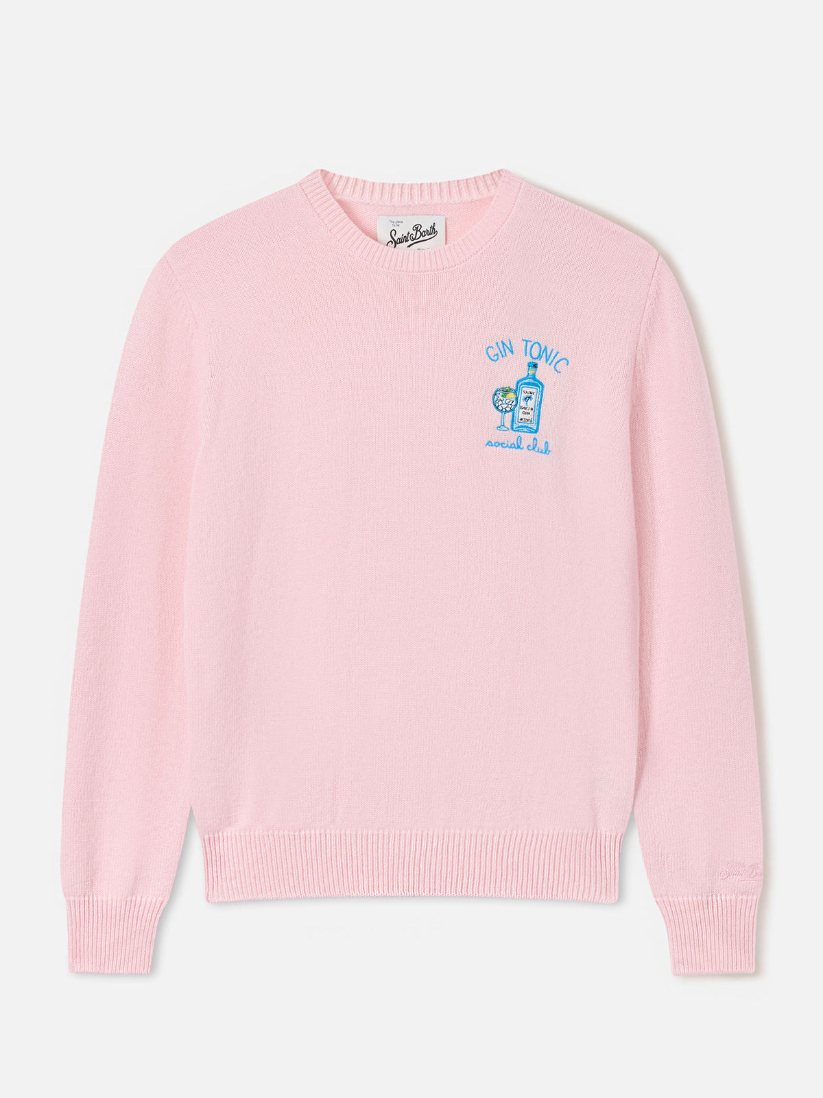 Pink New Queen wool and cashmere blend crewneck with Gin Tonic Social Club embroidery