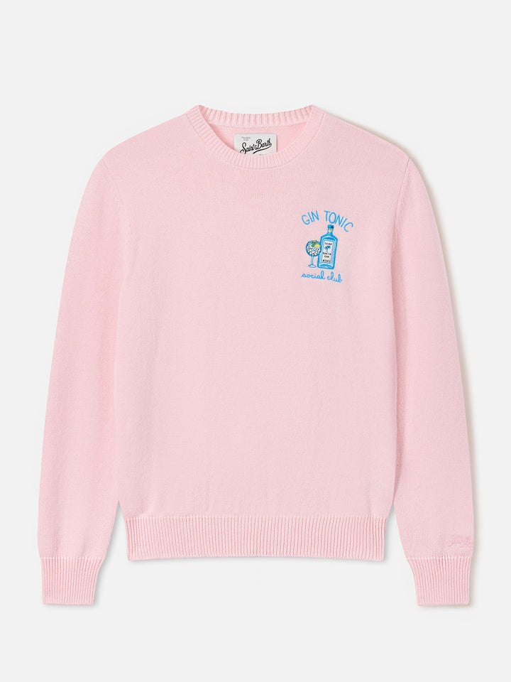 Pink New Queen wool and cashmere blend crewneck with Gin Tonic Social Club embroidery