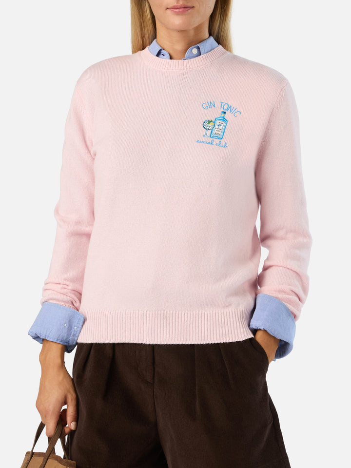 Pull ras-du-cou rose New Queen en mélange de laine et de cachemire avec broderie Gin Tonic Social Club 