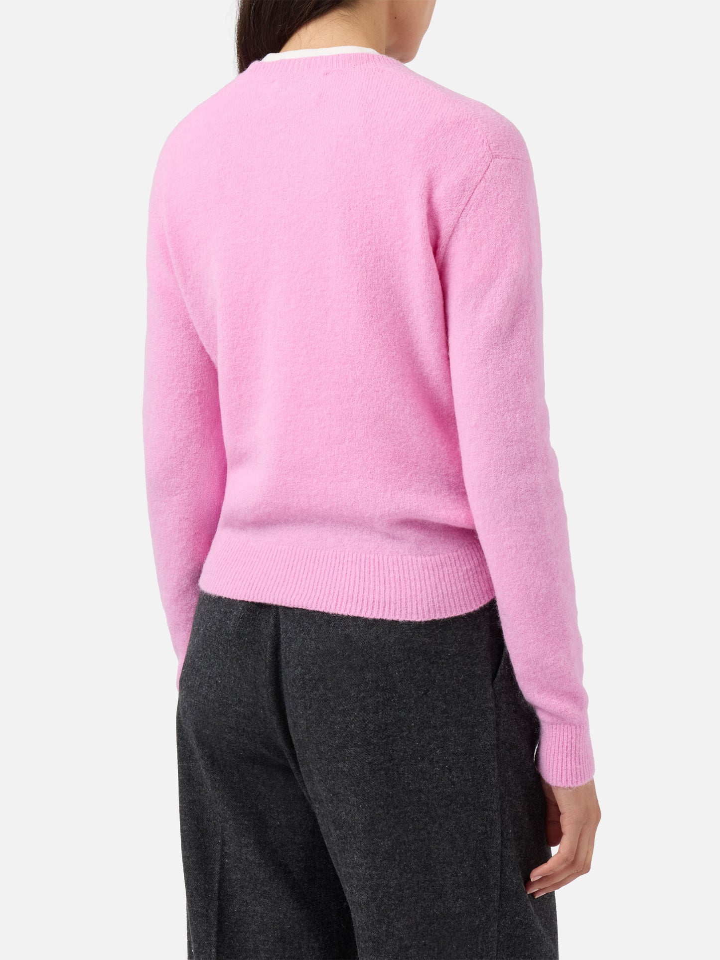 Neuer Queen Stretch-Pullover aus Merinowolle und Alpaka in Rosa mit Non smetto di sp(l)endere Stickerei
