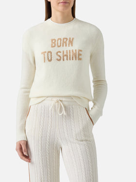 Maglia elasticizzata New Queen in misto lana merino e alpaca bianco con scritta applicata in strass Born to Shine