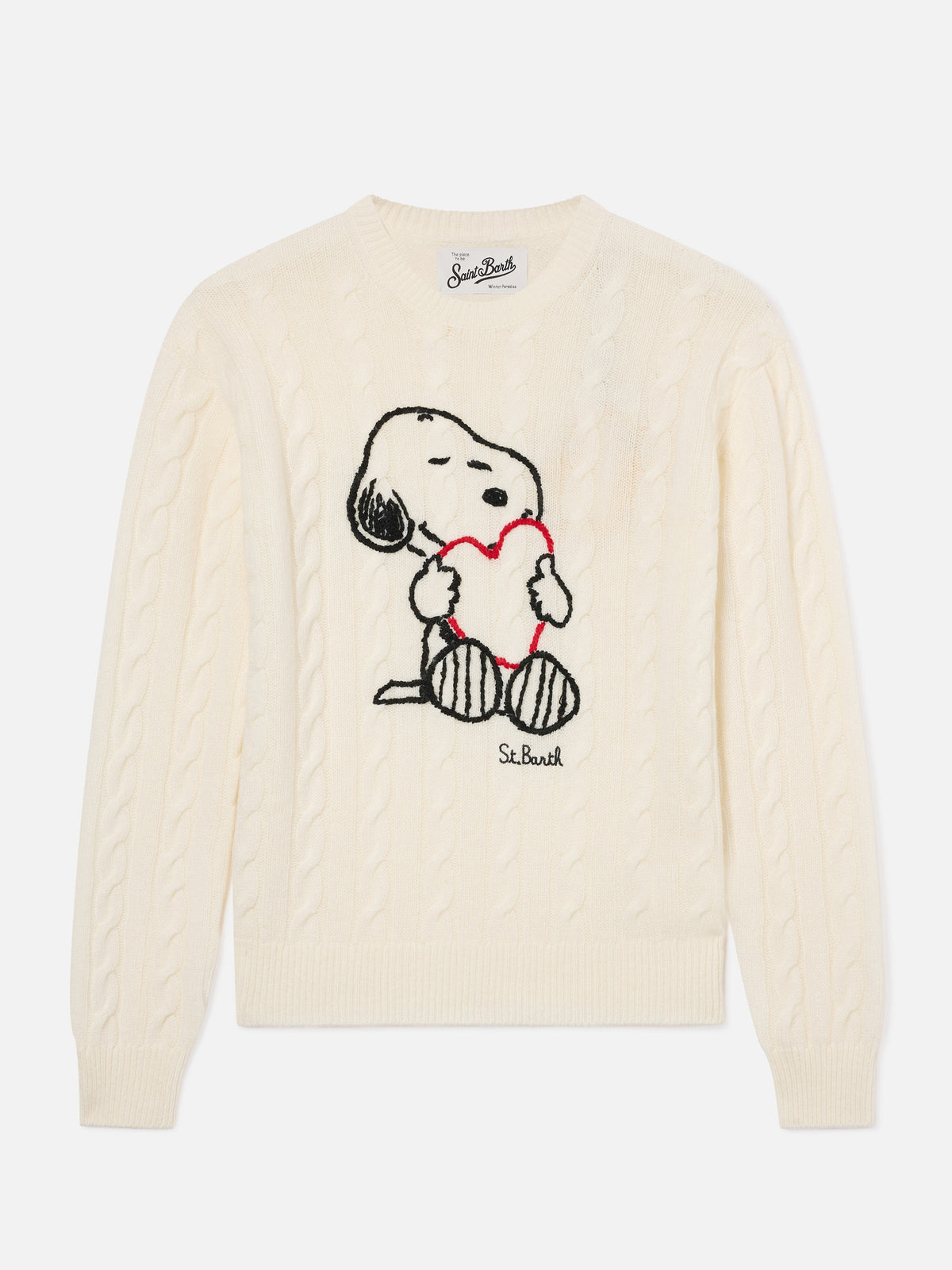 Maille torsadée en mélange de laine et cachemire Off white New Queen avec broderie Snoopy | Special edition 