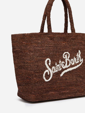 Brown Beach raffia bag with contrasting embroidered logo