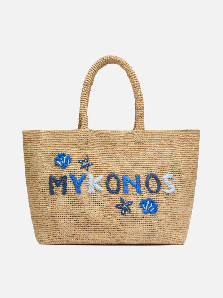 Beige Raffia Beach bag with cotton pouch and Mykonos embroidery