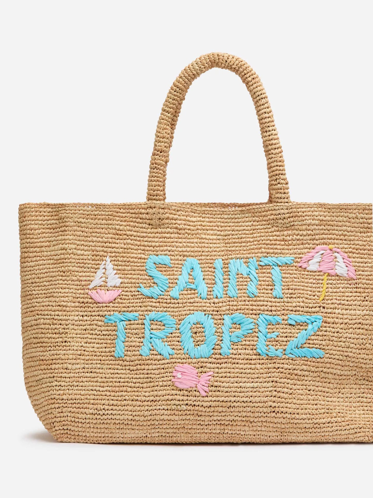 Beige Raffia Beach bag with cotton pouch and St. Tropez embroidery