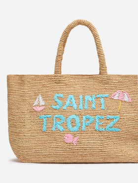 Beige Raffia Beach bag with cotton pouch and St. Tropez embroidery