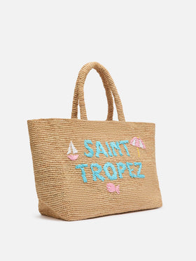 Beige Raffia Beach bag with cotton pouch and St. Tropez embroidery