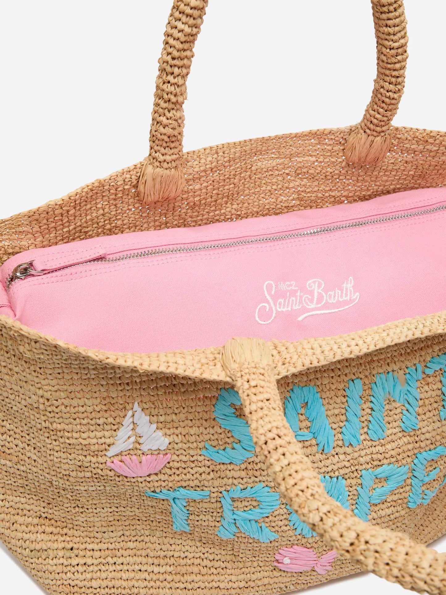 Beige Raffia Beach bag with cotton pouch and St. Tropez embroidery