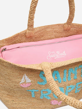 Beige Raffia Beach bag with cotton pouch and St. Tropez embroidery
