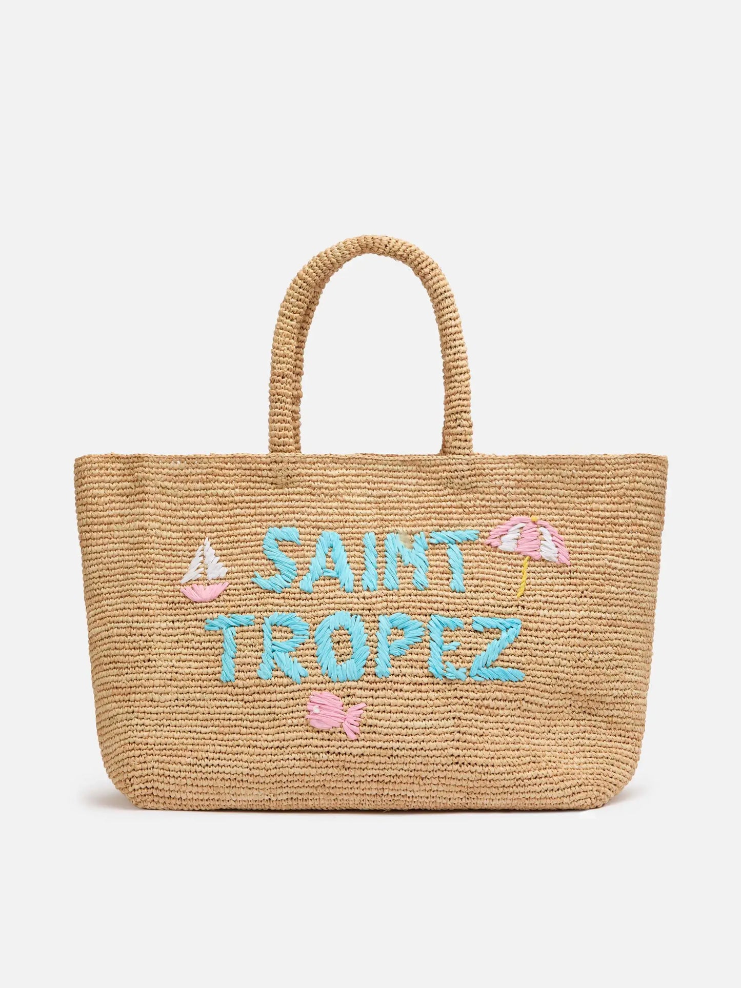 Beige Raffia Beach bag with cotton pouch and St. Tropez embroidery