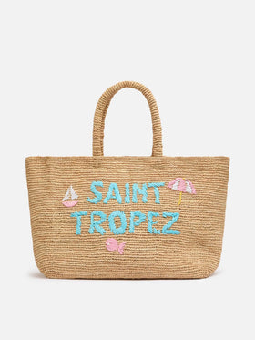 Beige Raffia Beach bag with cotton pouch and St. Tropez embroidery