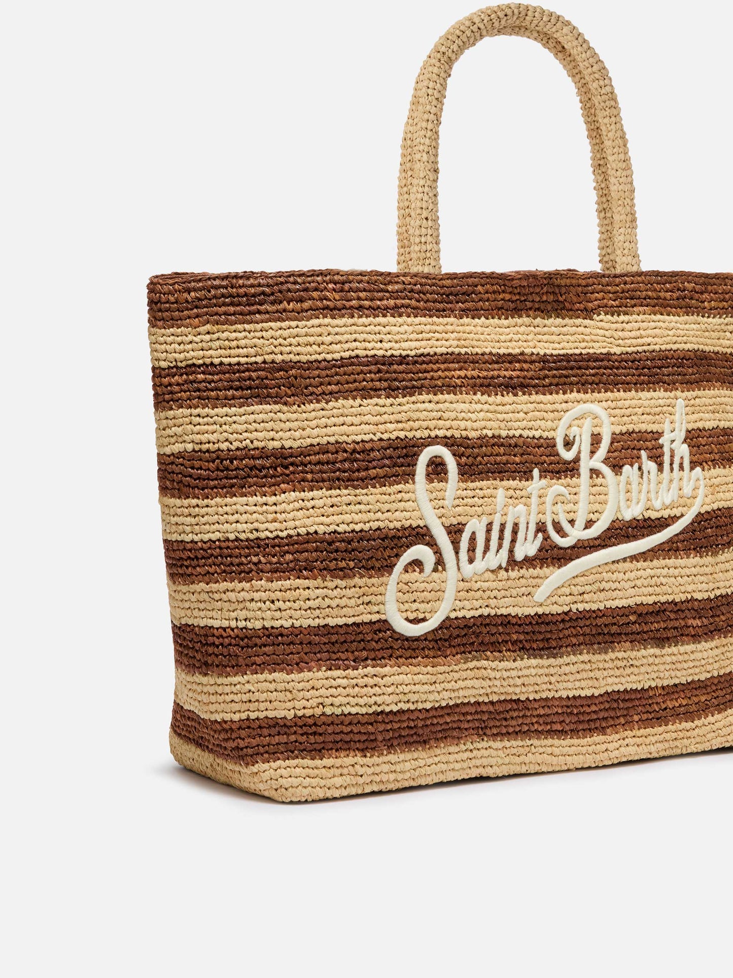Beach raffia bag with brown stripes and embroidered logo