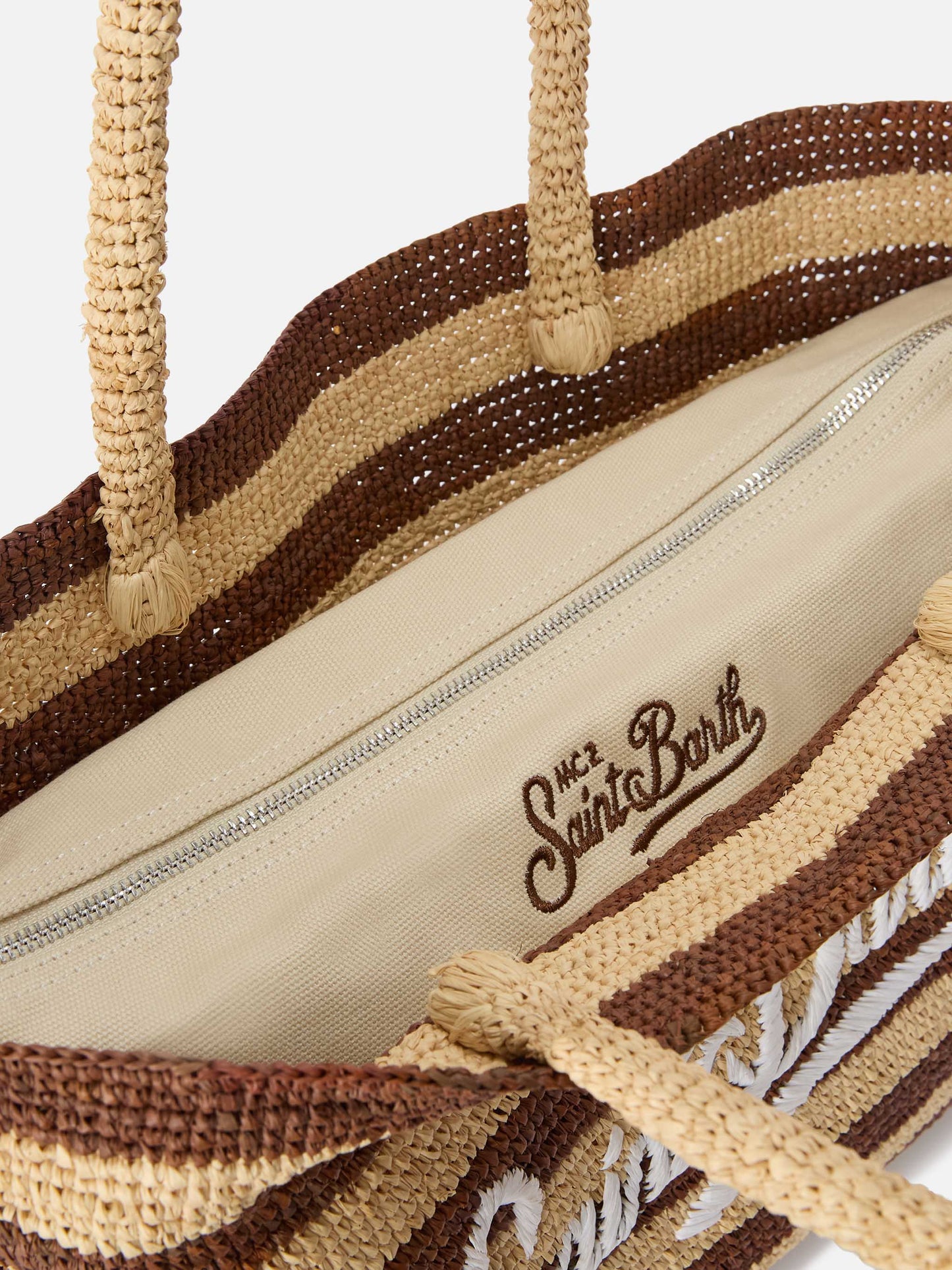 Beach raffia bag with brown stripes and embroidered logo