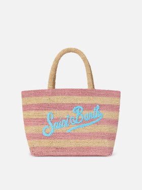 Medium Beach raffia bag with pink stripes and embroidered logo