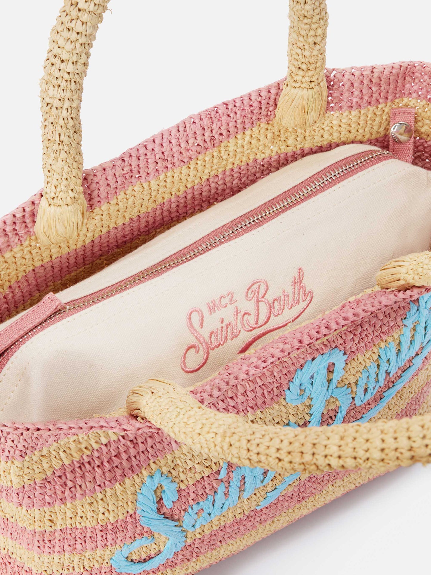 Medium Beach raffia bag with pink stripes and embroidered logo