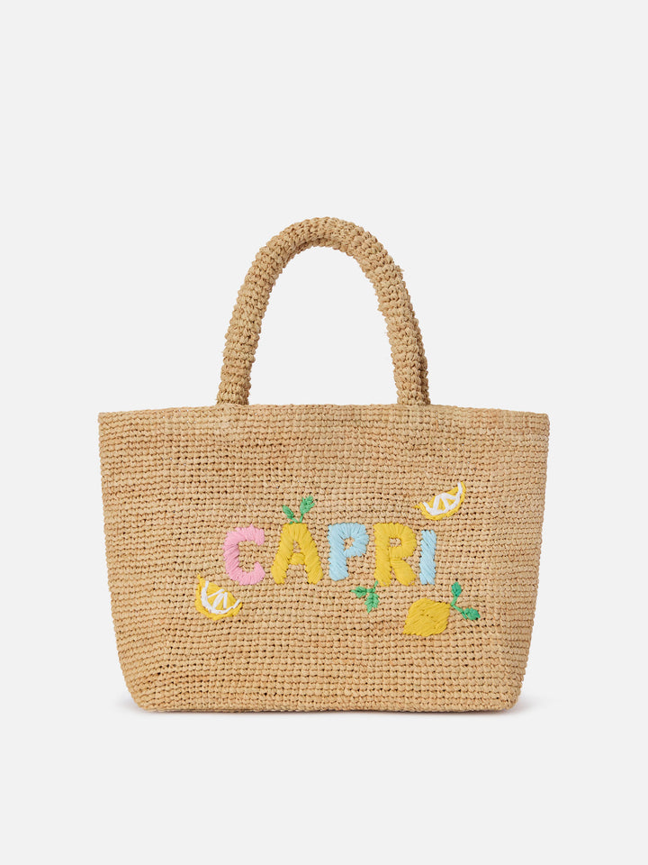 Bolso mediano de rafia de playa con bordado Capri 