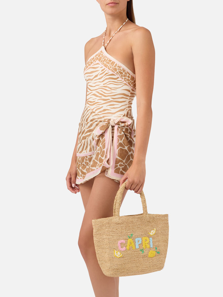 Bolso mediano de rafia de playa con bordado Capri 