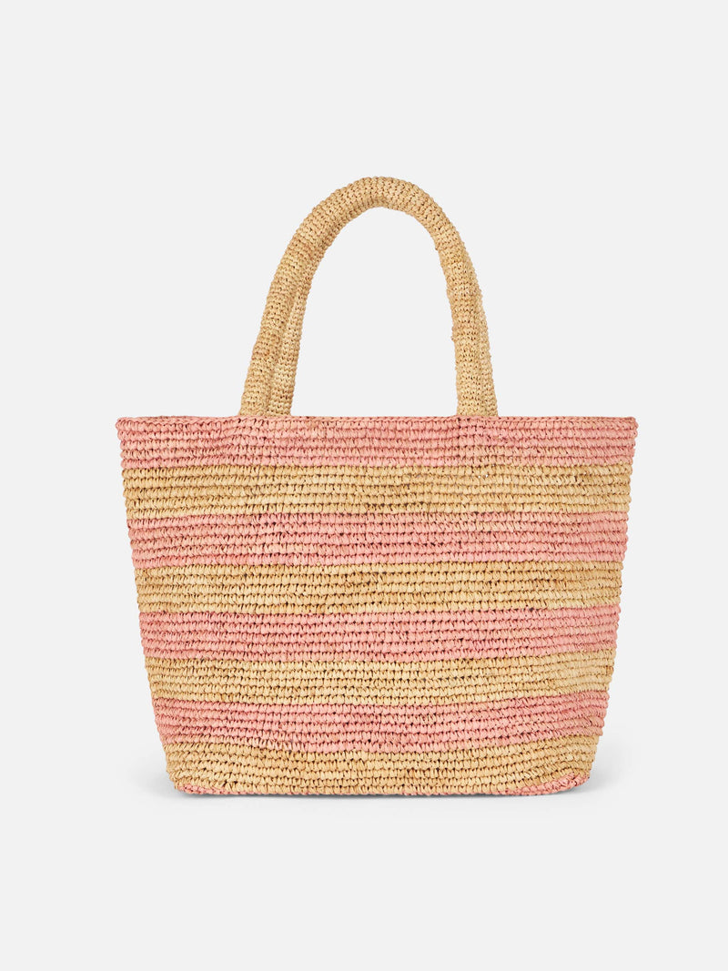 Pink striped Raffia Beach midi bag with cotton pouch