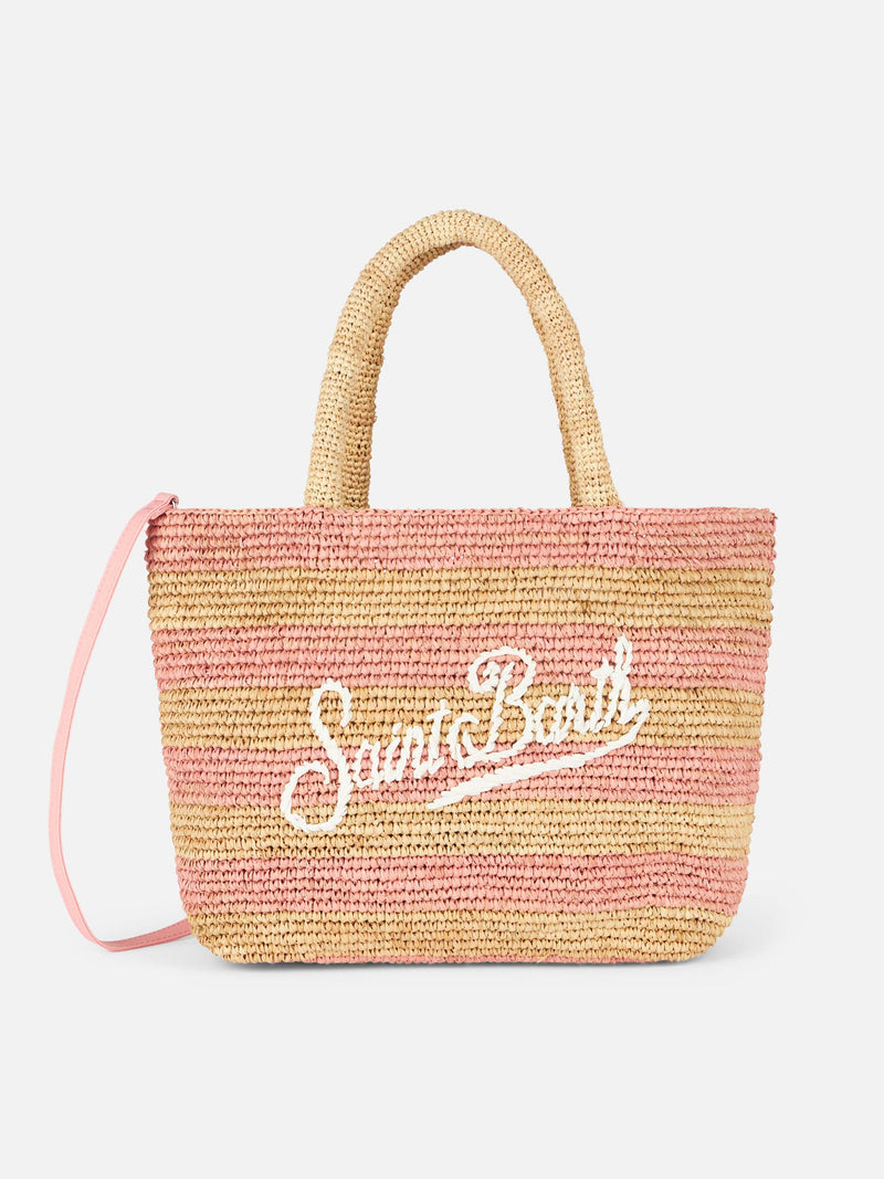 Pink striped Raffia Beach midi bag with cotton pouch