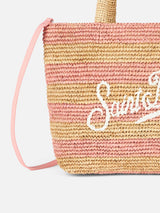 Pink striped Raffia Beach midi bag with cotton pouch