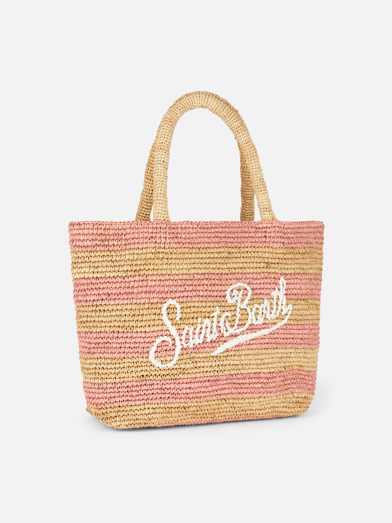 Pink striped Raffia Beach midi bag with cotton pouch