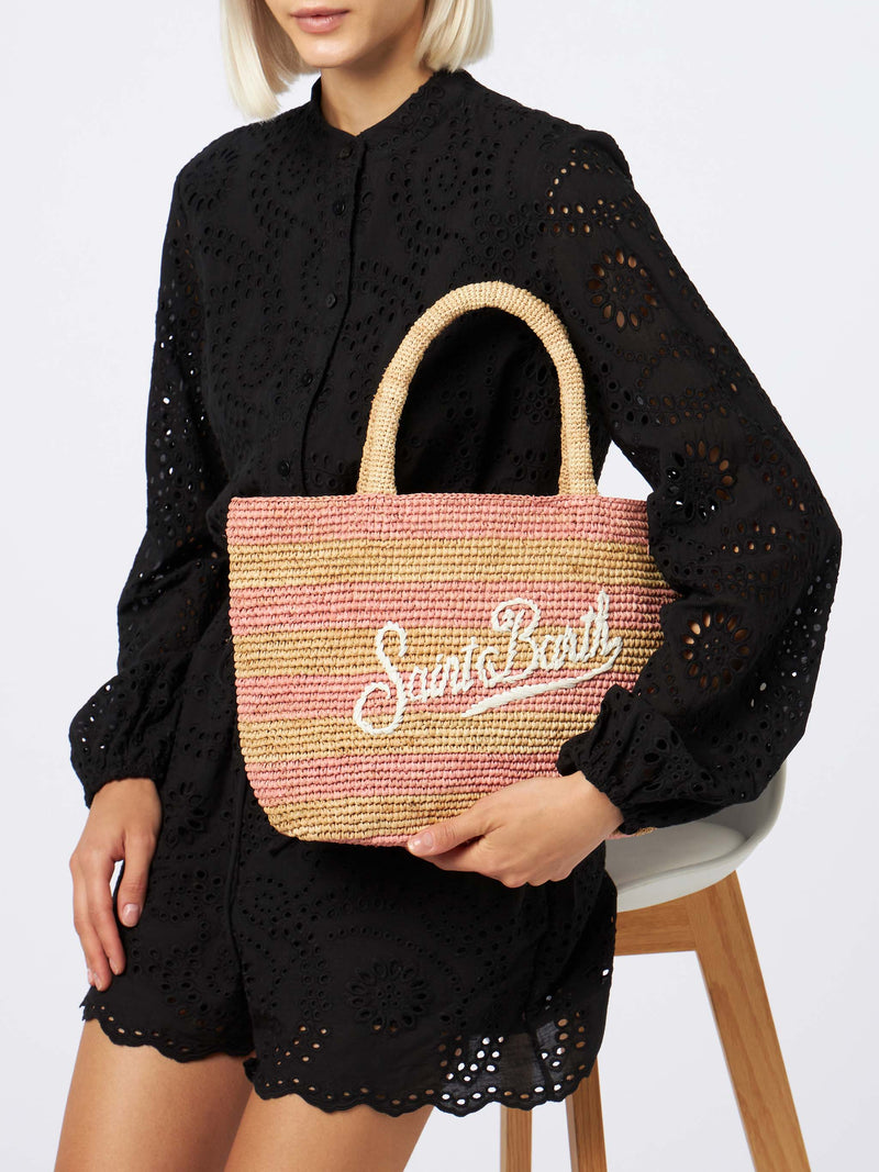 Pink striped Raffia Beach midi bag with cotton pouch