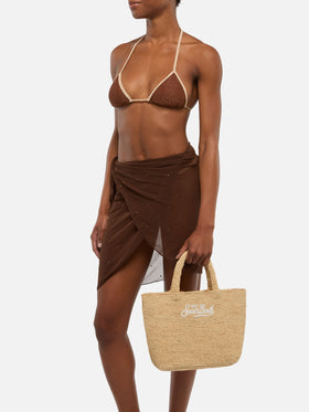 Beige Raffia Mid Beach Bag with cotton pouch