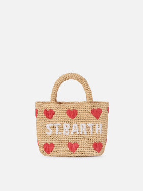 Mini-Strandtasche aus Raffiabast mit aufgestickten Herzen 