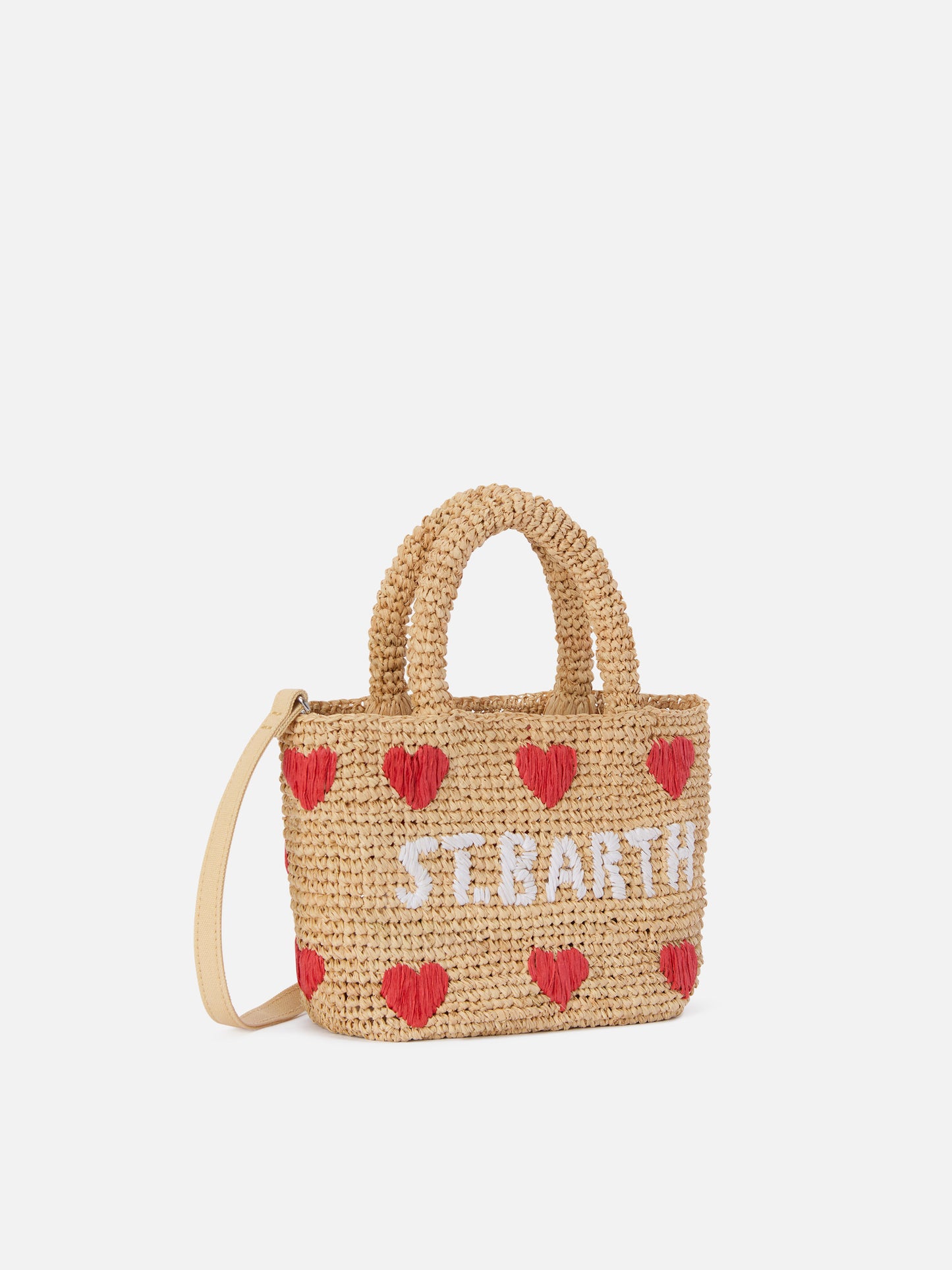 Mini-Strandtasche aus Raffiabast mit aufgestickten Herzen 
