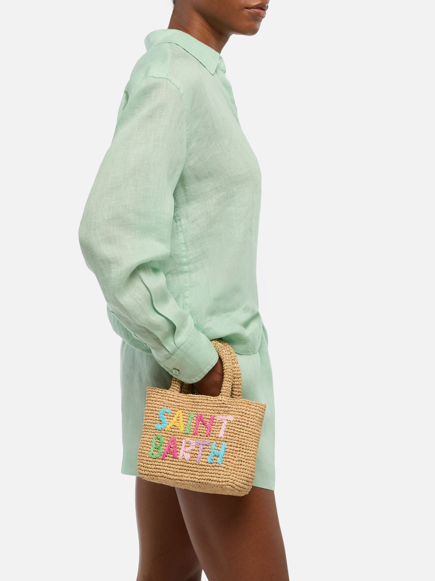 Beach mini raffia bag with multicolor embroidered logo