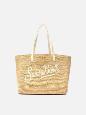 Borsa City in raffia con logo avorio ricamato a contrasto