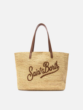 City raffia bag with genuine leather handles and embroidered logo