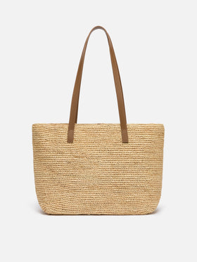 Beige Raffia City Mid bag with appliqué flowers