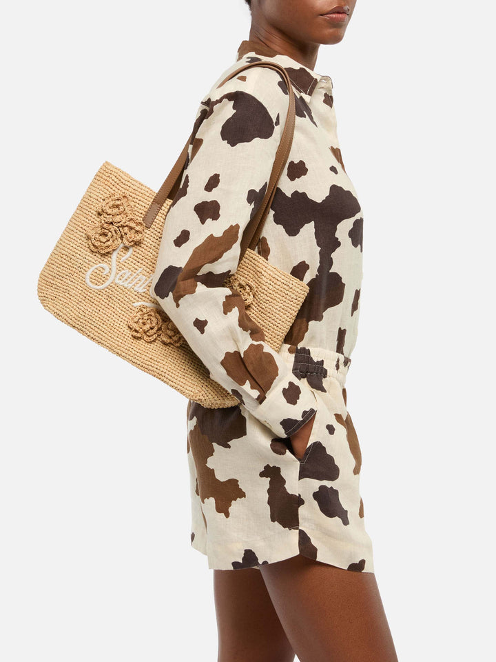 Beige Raffia City Mid bag with appliqué flowers