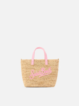 Mini City raffia bag with contrasting pink embroidered logo
