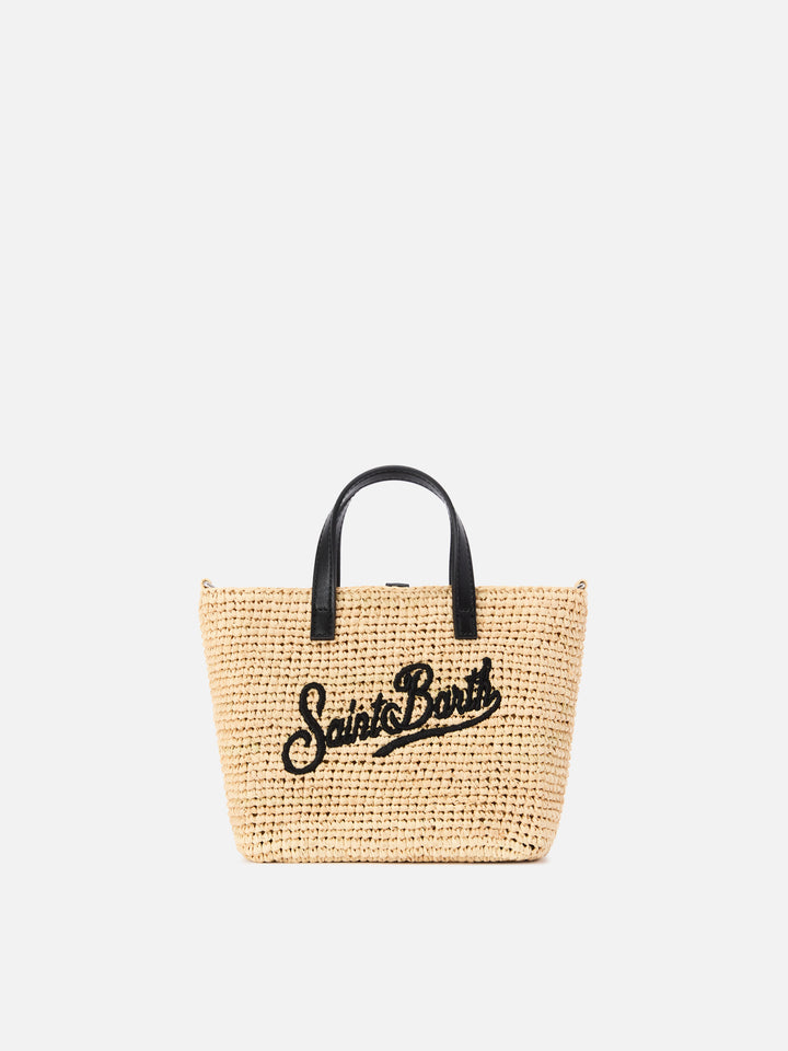 Borsa City mini in raffia con logo nero ricamato a contrasto