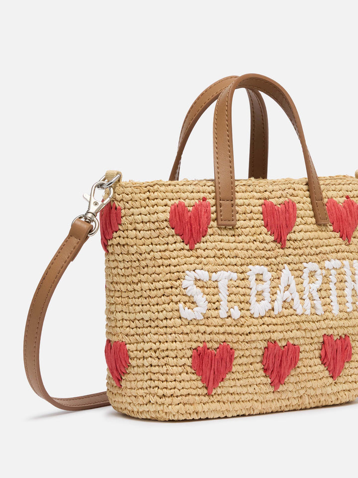 Beige Raffia City Mini bag with hearts embroidery