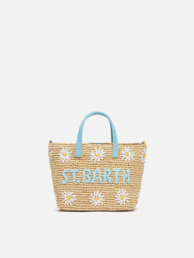 Beige Raffia City Mini-Tasche mit Gänseblümchen-Stickerei